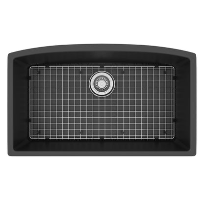 32-1/2" Undermount Large Single Bowl Quartz Composite Kitchen Sink Kit In Black
