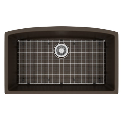 32-1/2" Undermount Large Single Bowl Quartz Composite Kitchen Sink Kit In Brown