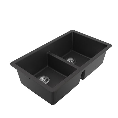 32-3/8" Undermount Double Equal Bowl Quartz Composite Kitchen Sink Kit In Black