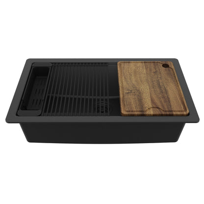 32" Undermount Single Bowl Quartz Kitchen Sink Kit In Black