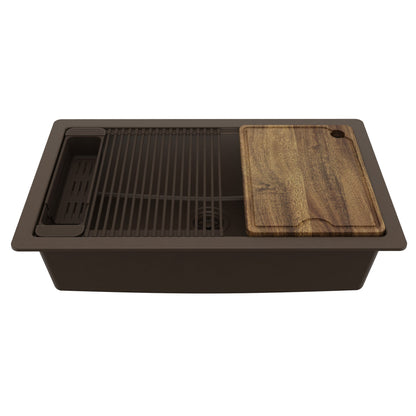 32" Undermount Single Bowl Quartz Kitchen Sink Kit In Brown