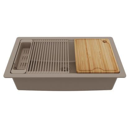 32" Undermount Single Bowl Quartz Kitchen Sink Kit In Concrete