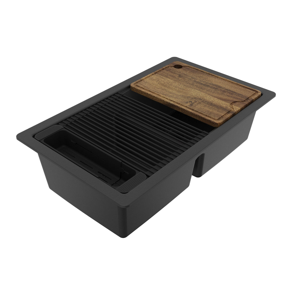 32" Undermount Double Bowl Quartz Kitchen Sink Kit In Black