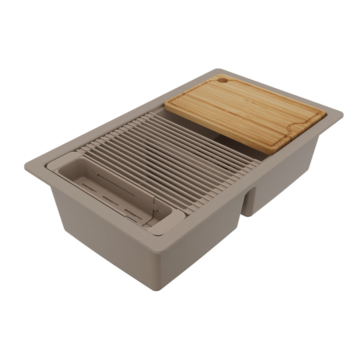 32" Undermount Double Bowl Quartz Kitchen Sink Kit In Concrete