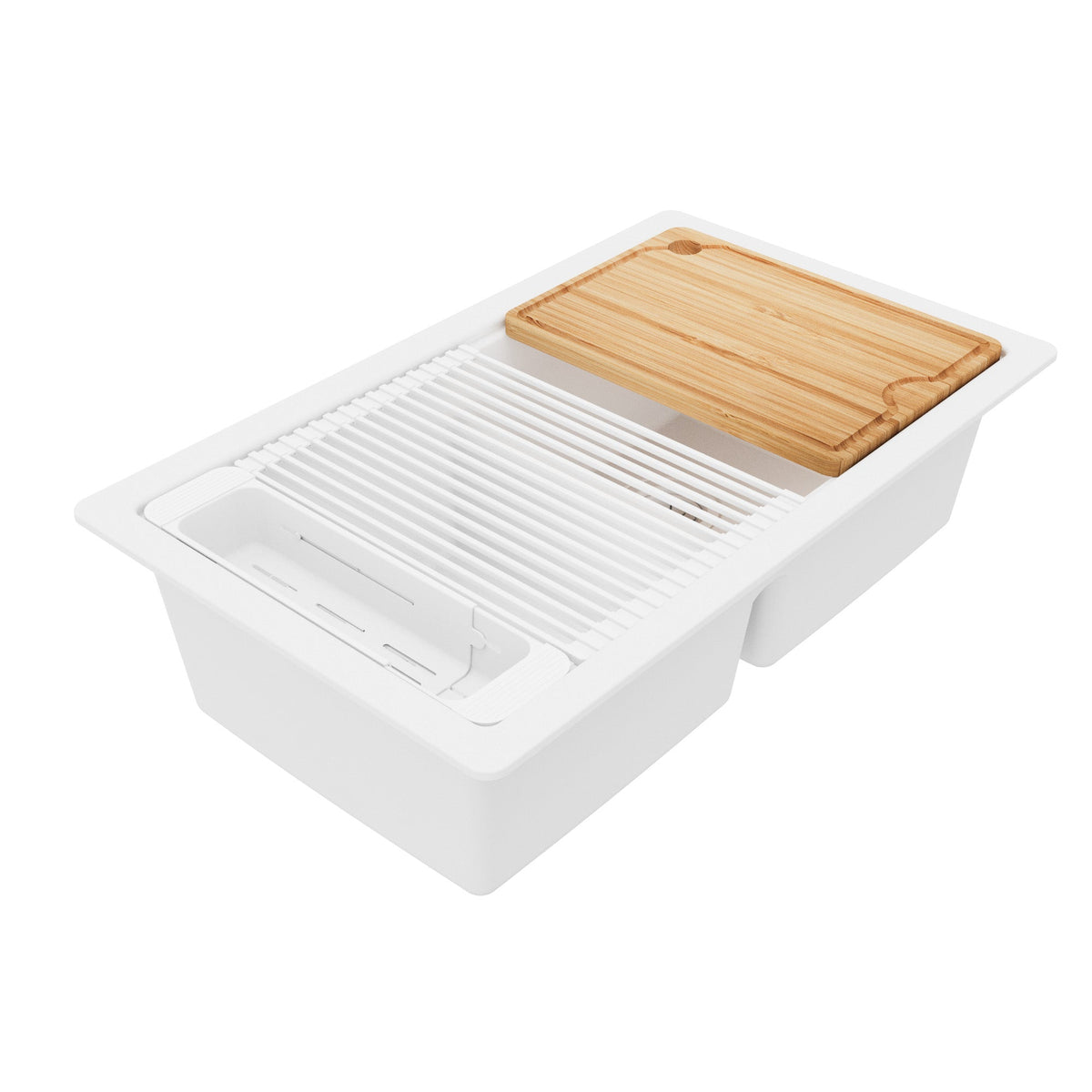 32" Undermount Double Bowl Quartz Kitchen Sink Kit In White