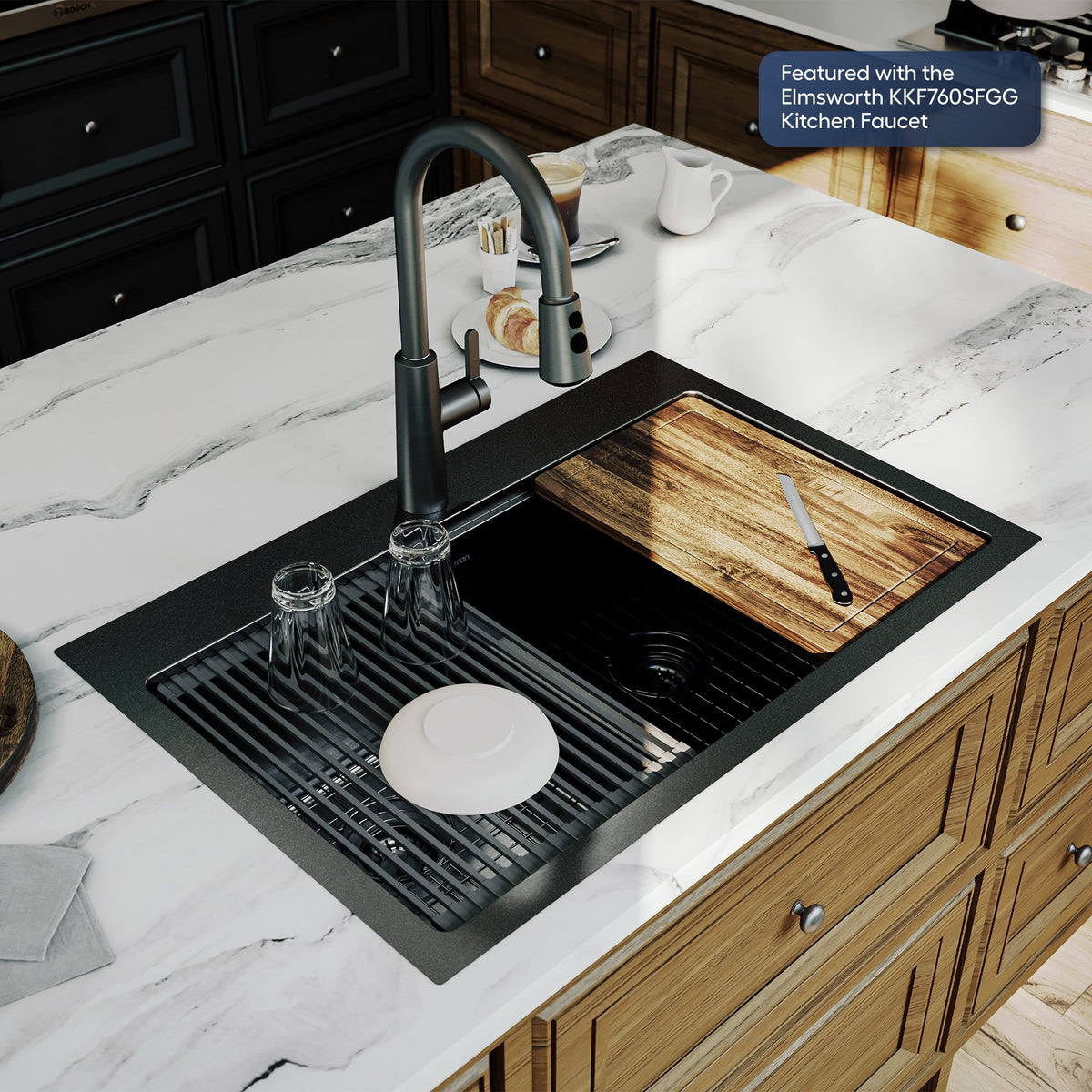 Elite 33" Top Mount Workstation 16 Gauge Stainless Steel Double Bowl Kitchen Sink In Gunmetal Black