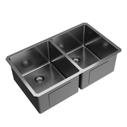 Elite 32" Undermount 16 Gauge Stainless Steel Double Bowl Kitchen Sink In Gunmetal Black
