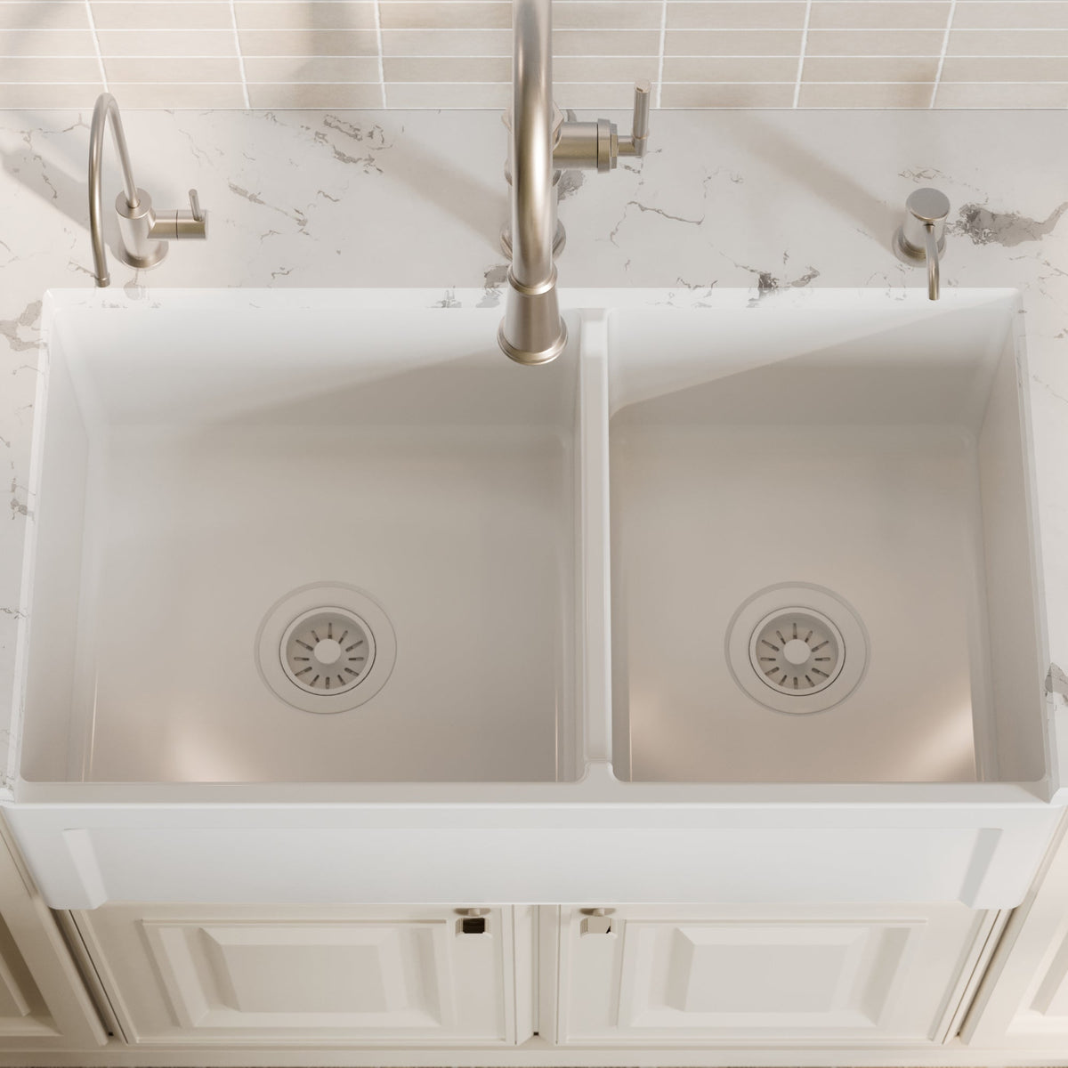 Fireclay 33" Reversible Apron Front Double Bowl Kitchen Sink In White