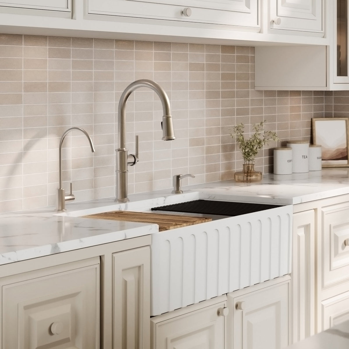 Fireclay 33" Reversible Apron Front Single Bowl Workstation Kitchen Sink In White