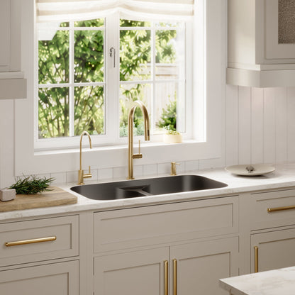 32-7/8" Seamless Undermount Doube Equal Bowl Quartz Composite Kitchen Sink In Black