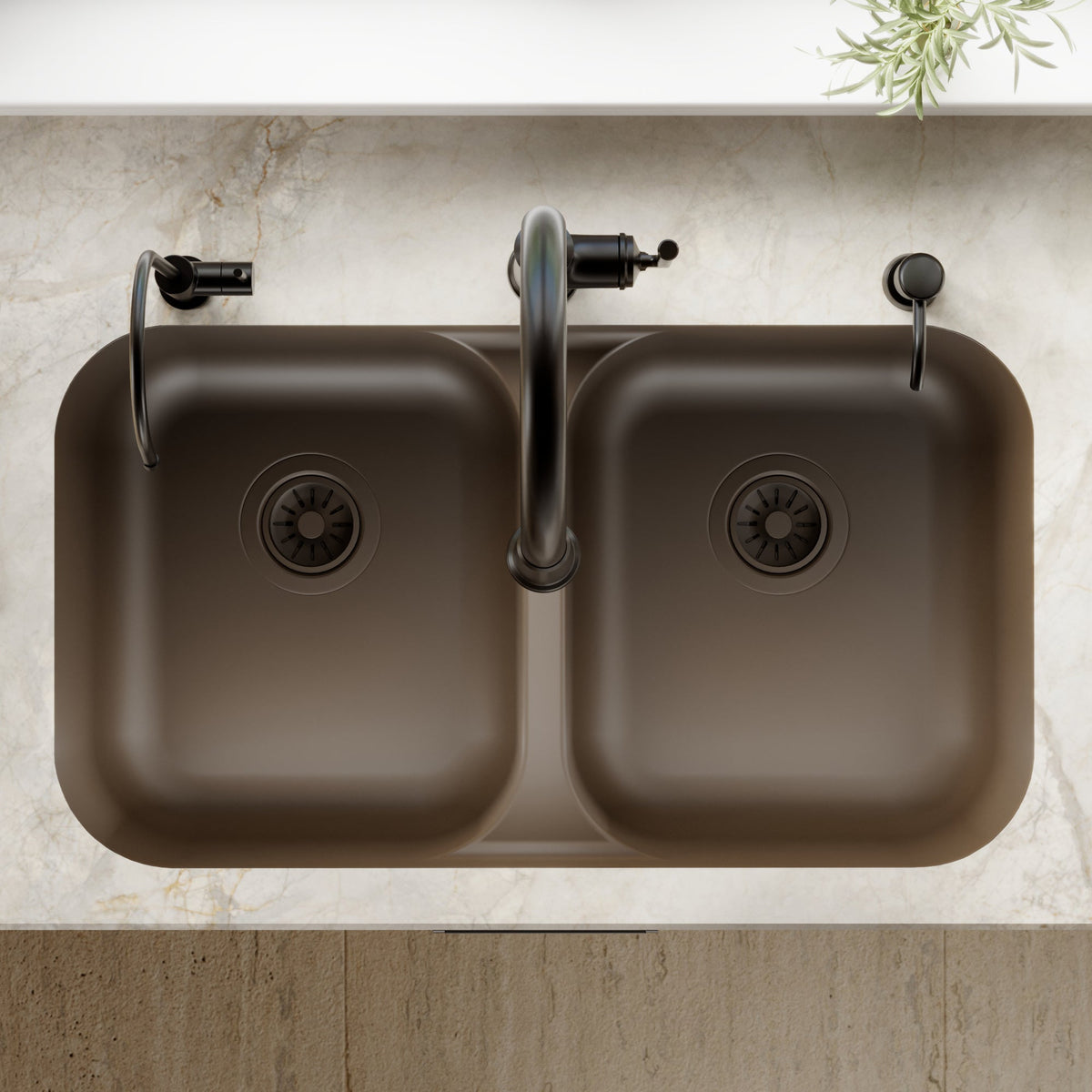 32-7/8" Seamless Undermount Doube Equal Bowl Quartz Composite Kitchen Sink In Brown