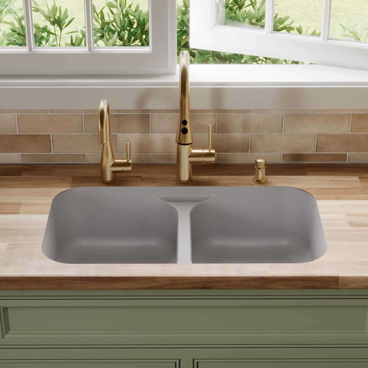 32-7/8" Seamless Undermount Doube Equal Bowl Quartz Composite Kitchen Sink In Grey