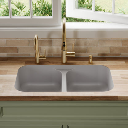 32-7/8" Seamless Undermount Doube Equal Bowl Quartz Composite Kitchen Sink In Grey