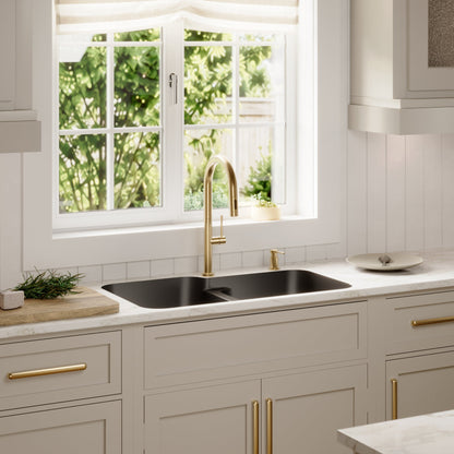 32-3/8" Seamless Undermount Double Offset Bowl Quartz Composite Kitchen Sink In Black