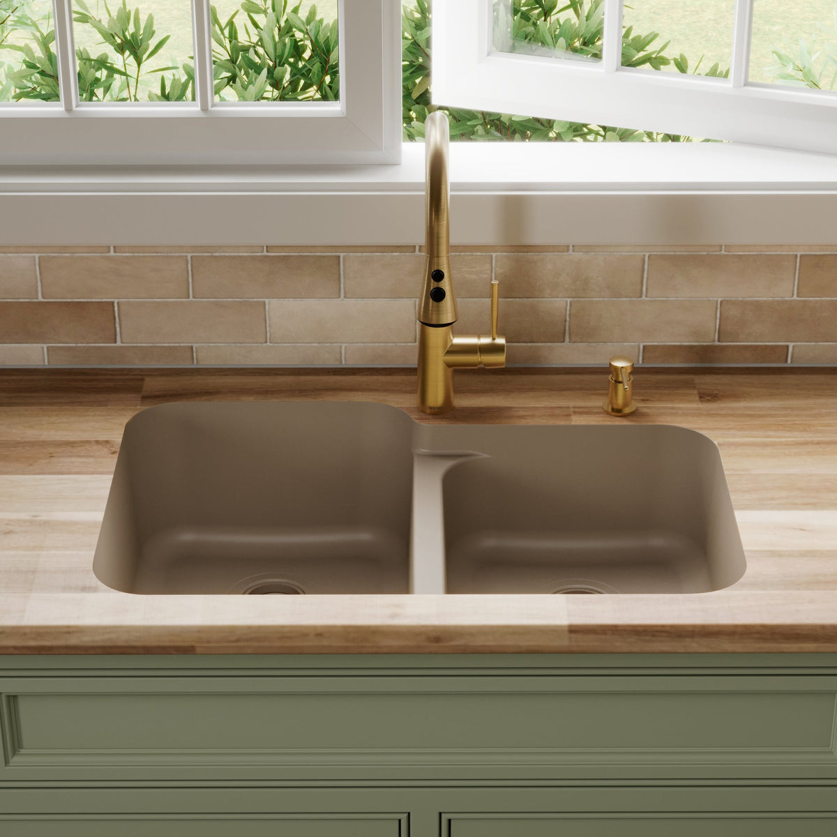 32-3/8" Seamless Undermount Double Offset Bowl Quartz Composite Kitchen Sink In Concrete