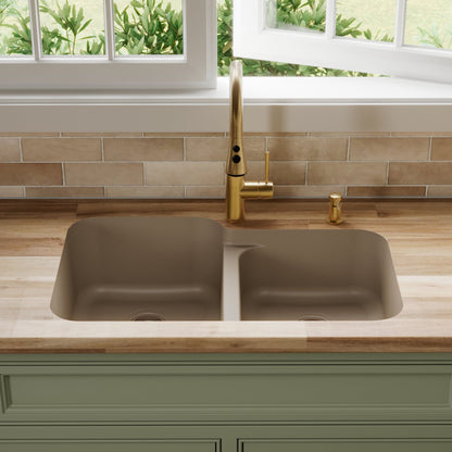 32-3/8" Seamless Undermount Double Offset Bowl Quartz Composite Kitchen Sink In Concrete