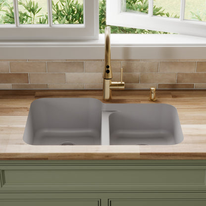 32-3/8" Seamless Undermount Double Offset Bowl Quartz Composite Kitchen Sink In Grey