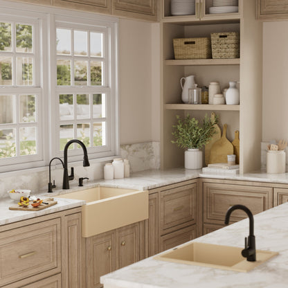 Farmhouse/Apron-Front Quartz Composite 34" Single Bowl Kitchen Sink Kit In Bisque