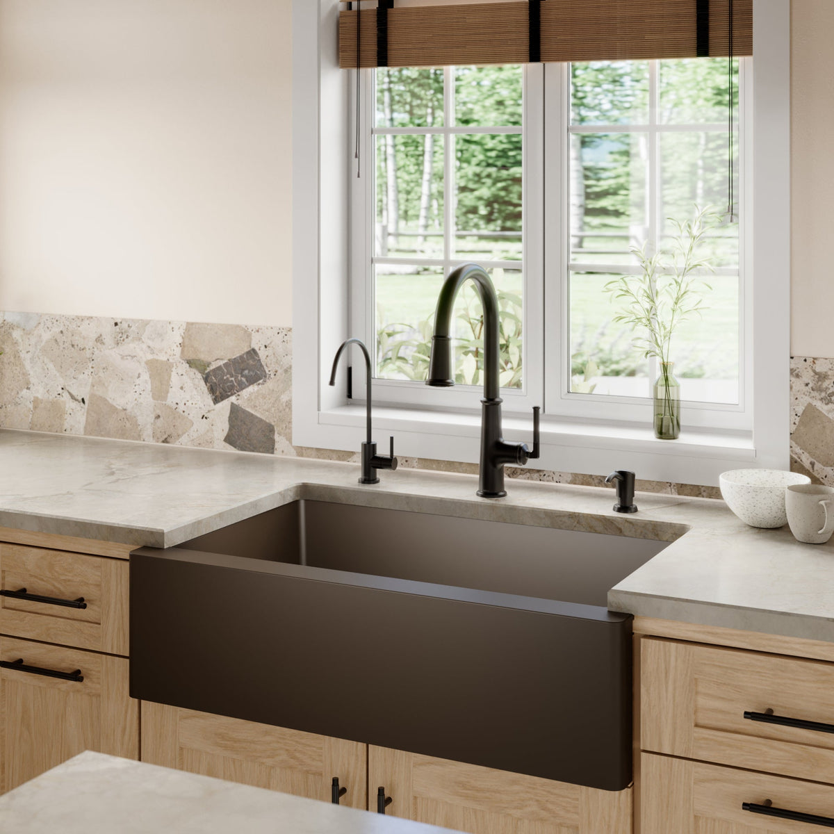 34" Farmhouse Large Single Bowl Quartz Composite Kitchen Sink Kit In Brown