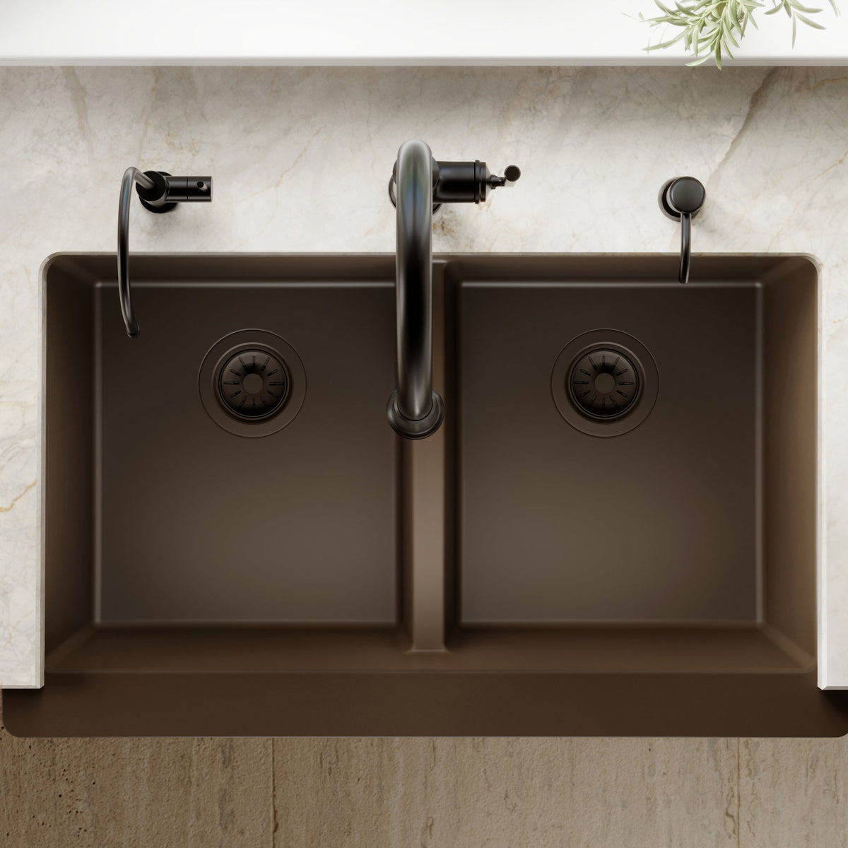 34" Farmhouse Double Equal Bowl Quartz Composite Kitchen Sink In Brown