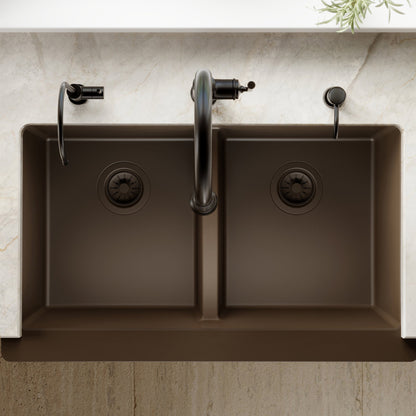 34" Farmhouse Double Equal Bowl Quartz Composite Kitchen Sink In Brown