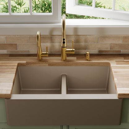 34" Farmhouse Double Equal Bowl Quartz Composite Kitchen Sink In Concrete