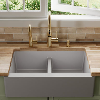 34" Farmhouse Double Equal Bowl Quartz Composite Kitchen Sink In Grey