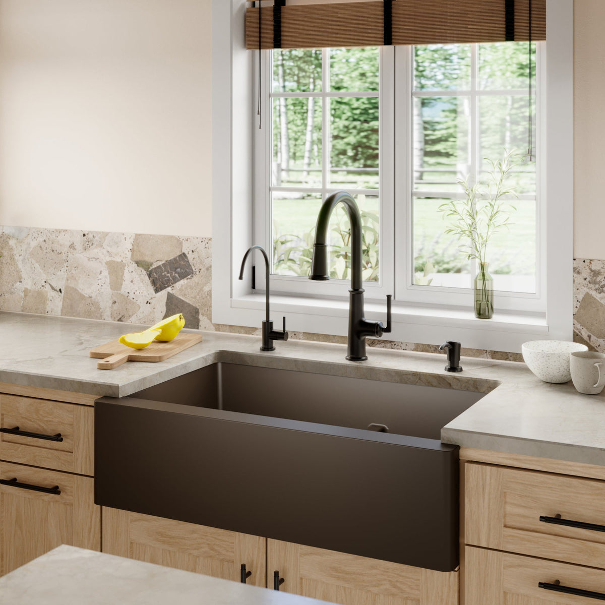 34" Farmhouse Double Offset Bowl Quartz Composite Kitchen Sink Kit In Brown