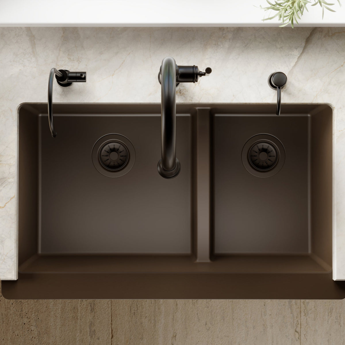 34" Farmhouse Double Offset Bowl Quartz Composite Kitchen Sink In Brown