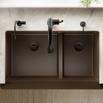 34" Farmhouse Double Offset Bowl Quartz Composite Kitchen Sink In Brown