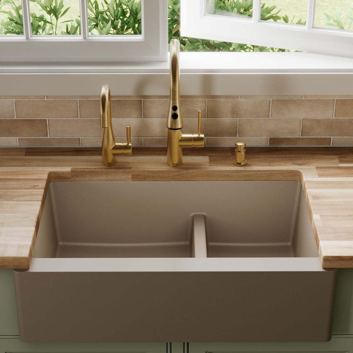 34" Farmhouse Double Offset Bowl Quartz Composite Kitchen Sink In Concrete