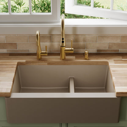 34" Farmhouse Double Offset Bowl Quartz Composite Kitchen Sink In Concrete