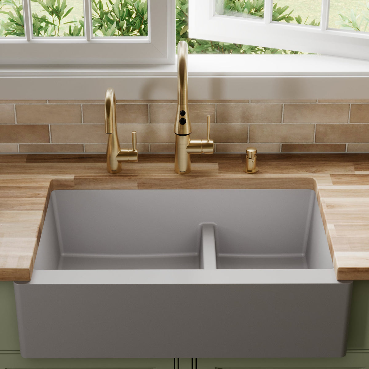 34" Farmhouse Double Offset Bowl Quartz Composite Kitchen Sink In Grey