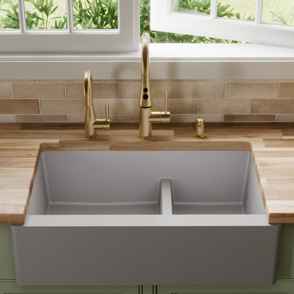 34" Farmhouse Double Offset Bowl Quartz Composite Kitchen Sink In Grey