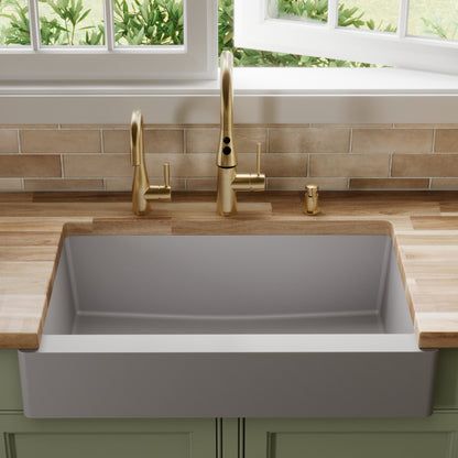 34" Retrofit Farmhouse Large Single Bowl Quartz Composite Kitchen Sink In Grey