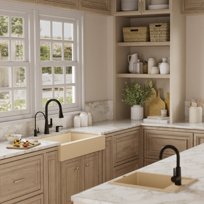 34" Retrofit Farmhouse Double Equal Bowl Quartz Composite Kitchen Sink Kit In Bisque