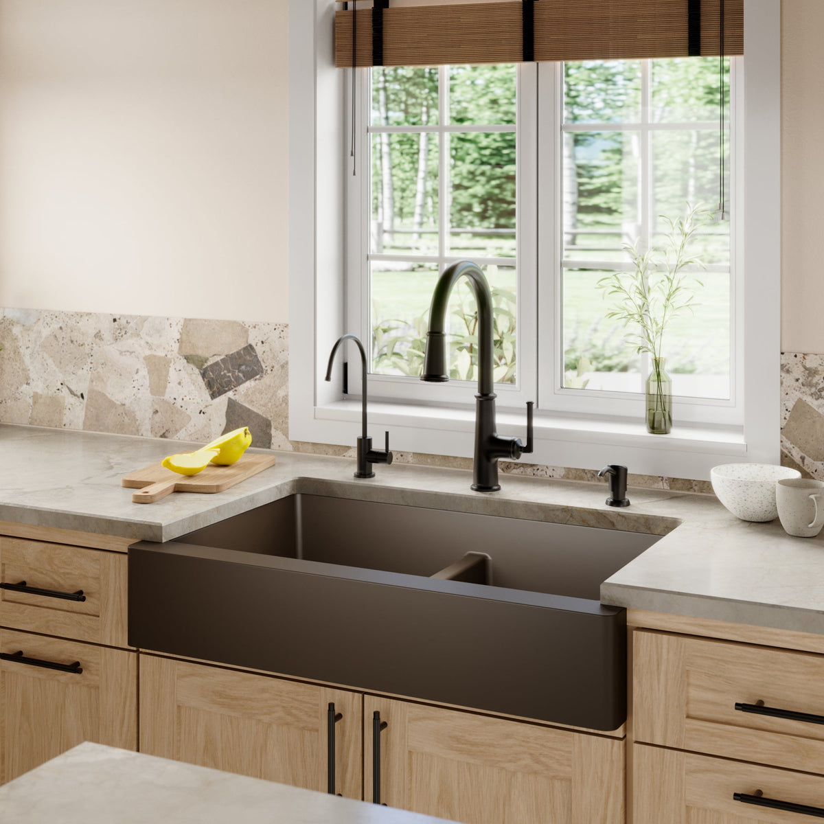 34" Retrofit Farmhouse Double Equal Bowl Quartz Composite Kitchen Sink Kit In Brown