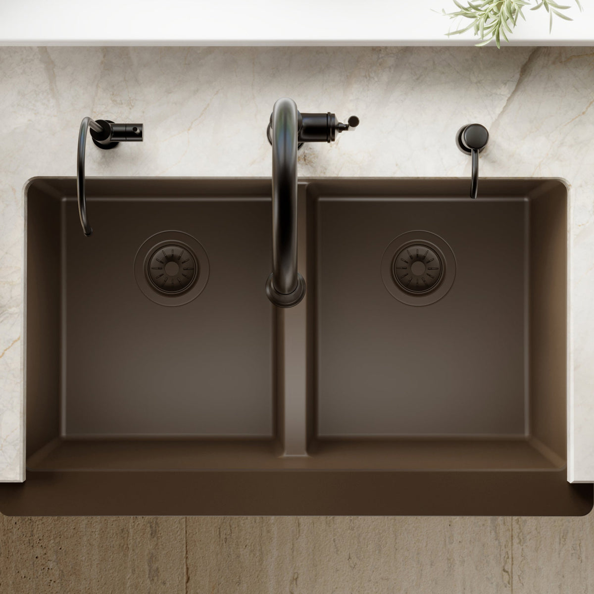 34" Retrofit Farmhouse Double Equal Bowl Quartz Composite Kitchen Sink In Brown