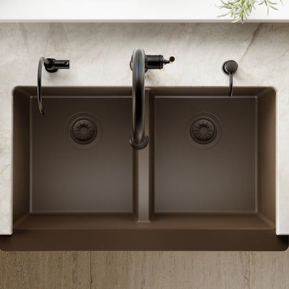 34" Retrofit Farmhouse Double Equal Bowl Quartz Composite Kitchen Sink In Brown