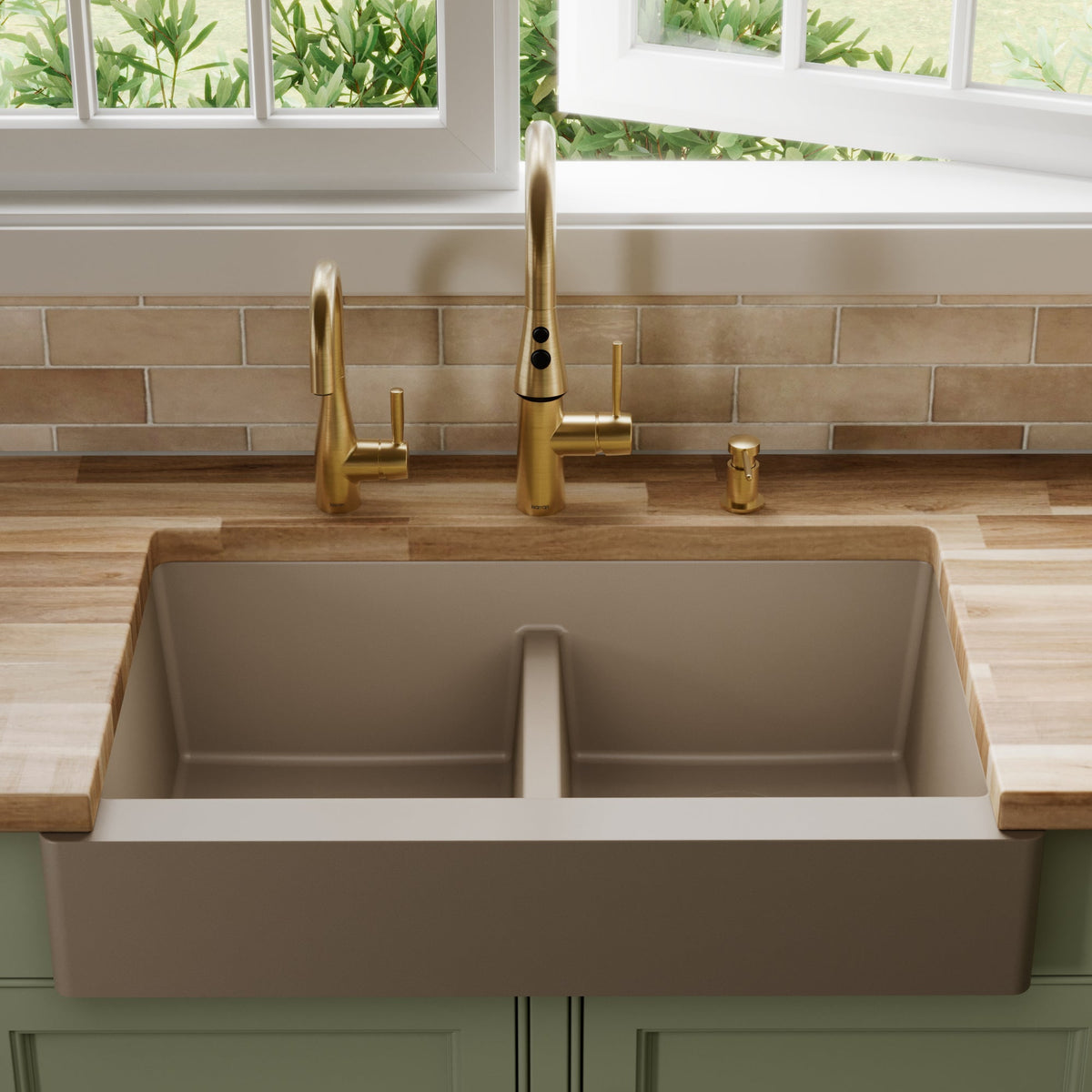 34" Retrofit Farmhouse Double Equal Bowl Quartz Composite Kitchen Sink In Concrete