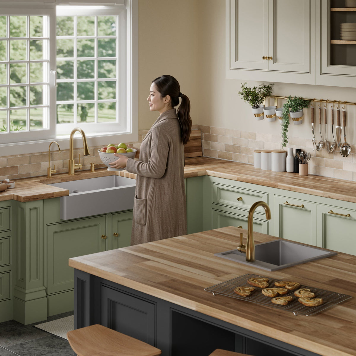 34" Retrofit Farmhouse Double Equal Bowl Quartz Composite Kitchen Sink Kit In Grey