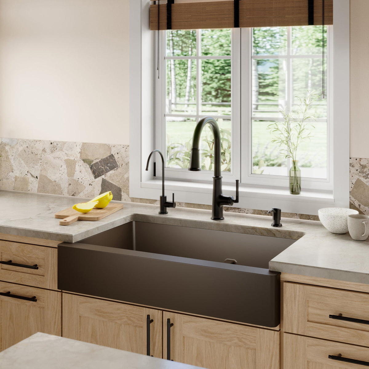 34" Retrofit Farmhouse Double Offset Bowl Quartz Composite Kitchen Sink Kit In Brown
