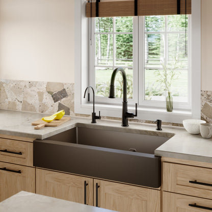 34" Retrofit Farmhouse Double Offset Bowl Quartz Composite Kitchen Sink Kit In Brown