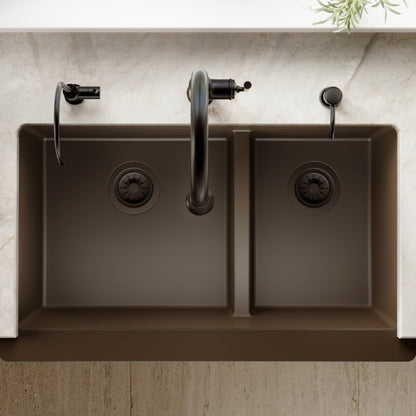 34" Retrofit Farmhouse Double Offset Bowl Quartz Composite Kitchen Sink In Brown