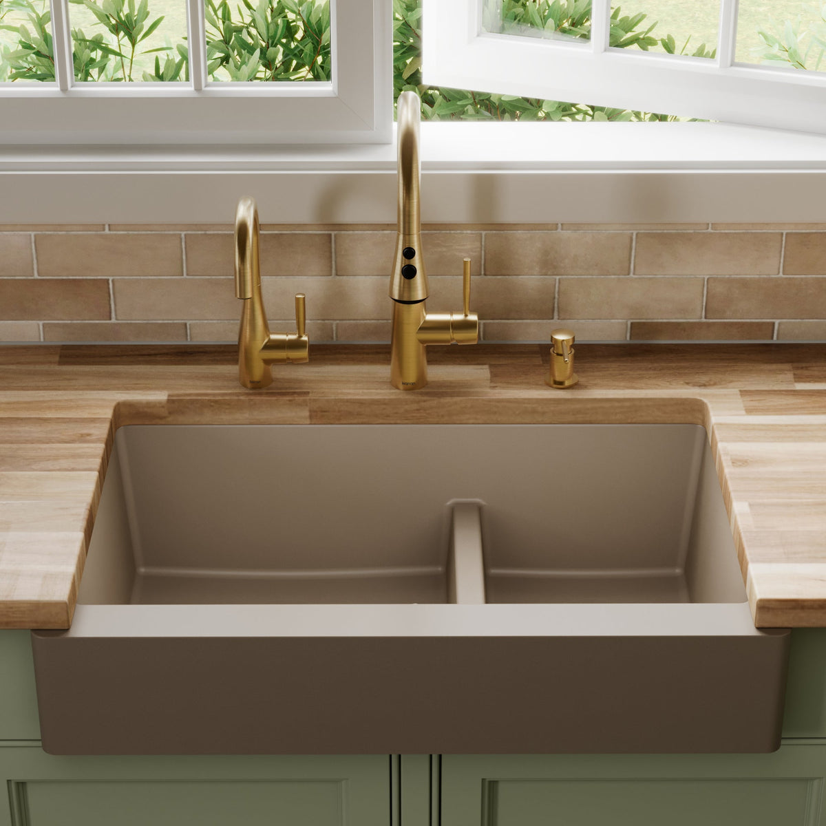 34" Retrofit Farmhouse Double Offset Bowl Quartz Composite Kitchen Sink In Concrete