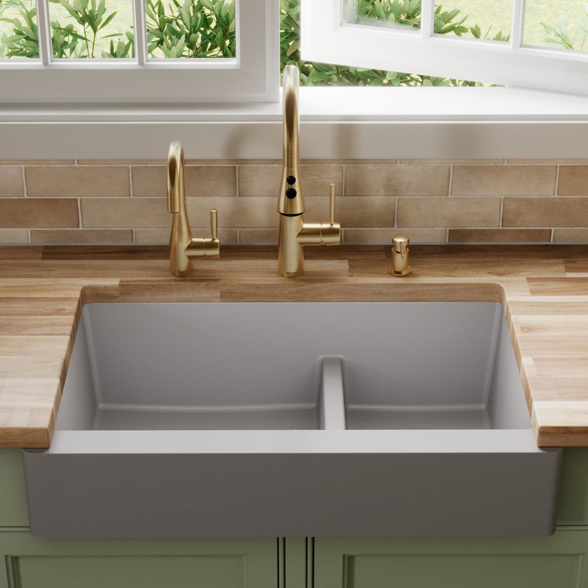 34" Retrofit Farmhouse Double Offset Bowl Quartz Composite Kitchen Sink In Grey