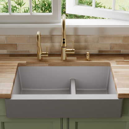 34" Retrofit Farmhouse Double Offset Bowl Quartz Composite Kitchen Sink In Grey