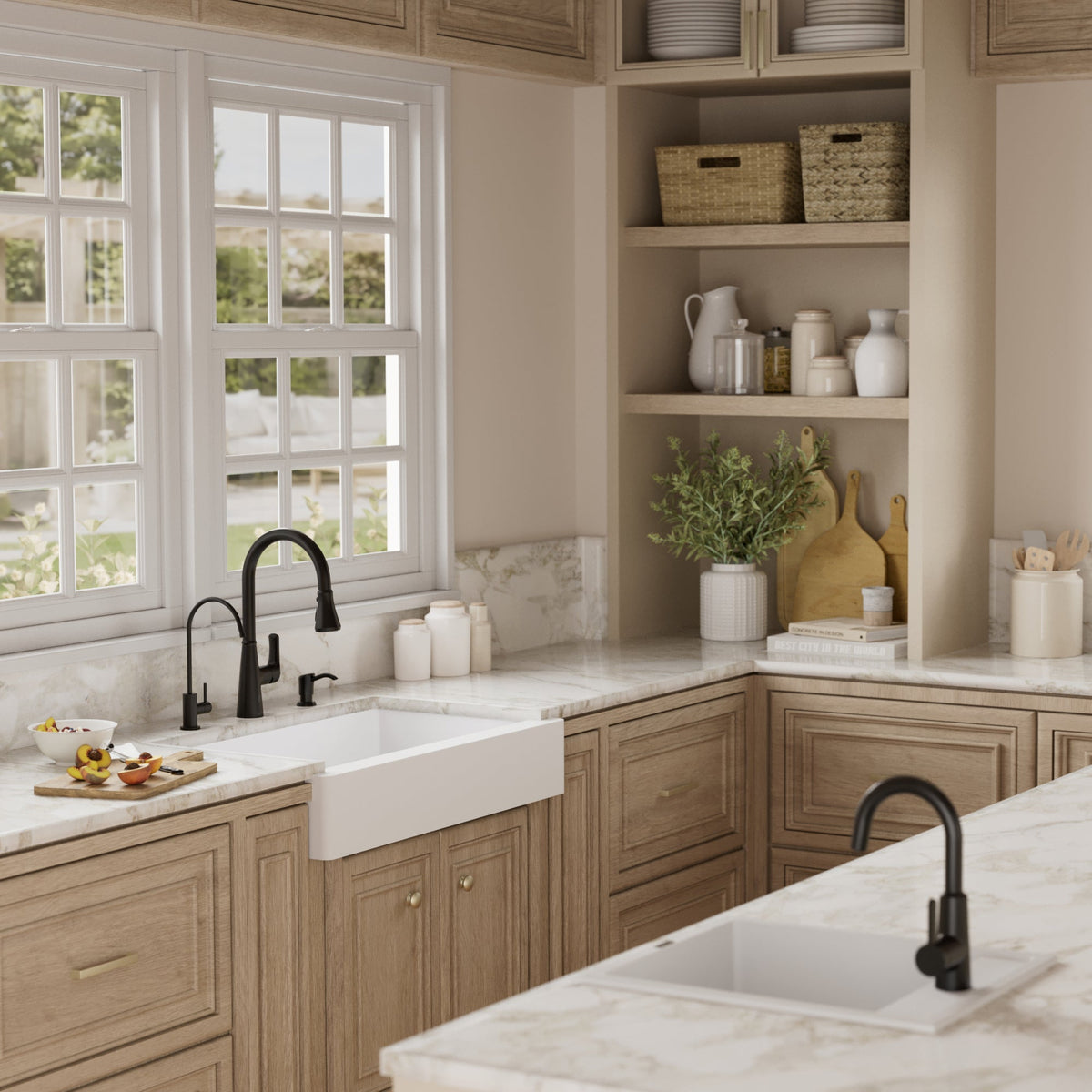 34" Retrofit Farmhouse Double Offset Bowl Quartz Composite Kitchen Sink Kit In White