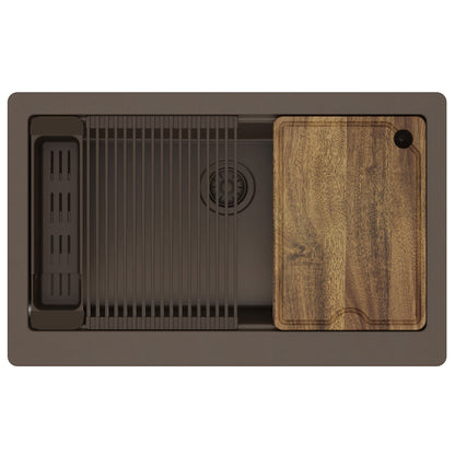 34" Deep Apron Front Single Bowl Quartz Kitchen Sink Kit In Brown