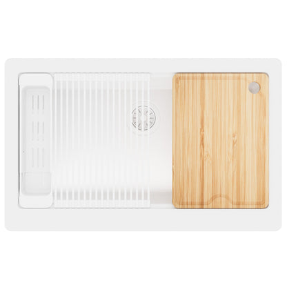34" Deep Apron Front Single Bowl Quartz Kitchen Sink Kit In White